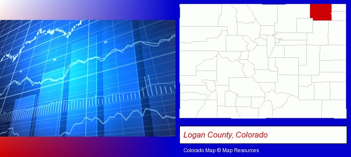 a financial chart; Logan County, Colorado highlighted in red on a map