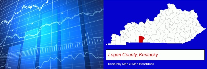 a financial chart; Logan County, Kentucky highlighted in red on a map