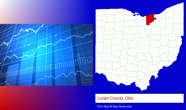 a financial chart; Lorain County, Ohio highlighted in red on a map