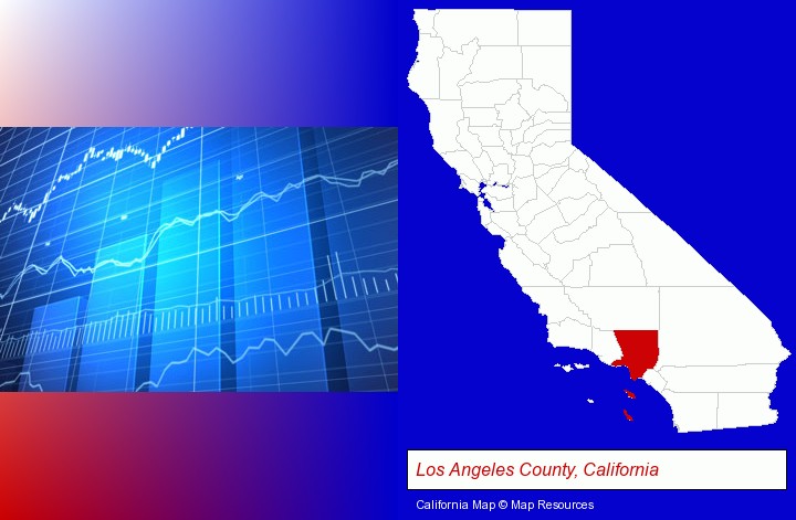 a financial chart; Los Angeles County, California highlighted in red on a map