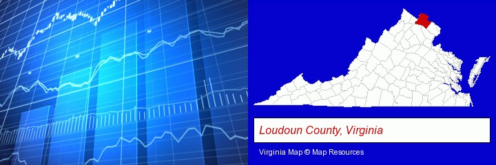 a financial chart; Loudoun County, Virginia highlighted in red on a map
