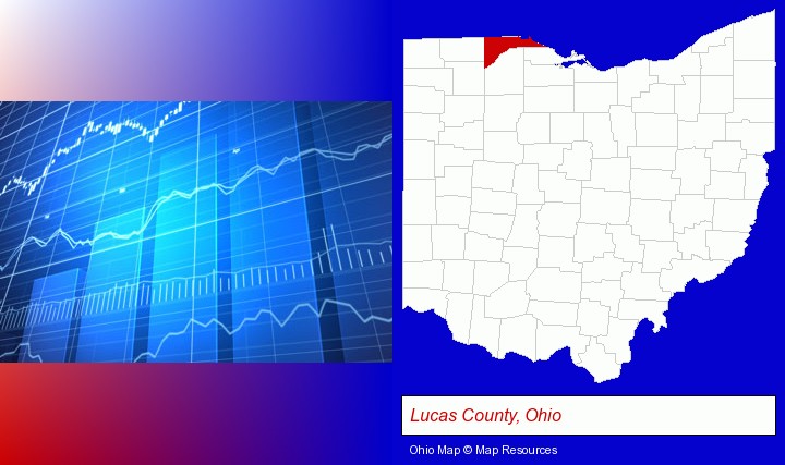 a financial chart; Lucas County, Ohio highlighted in red on a map