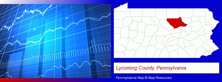 a financial chart; Lycoming County, Pennsylvania highlighted in red on a map