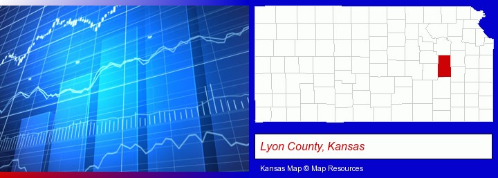 a financial chart; Lyon County, Kansas highlighted in red on a map