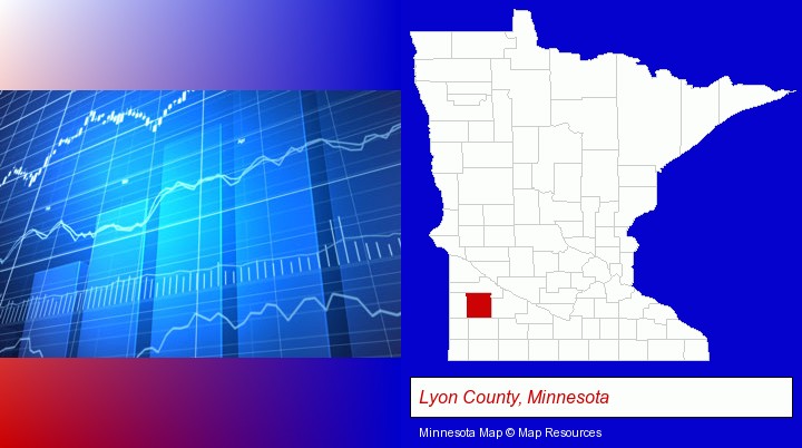 a financial chart; Lyon County, Minnesota highlighted in red on a map