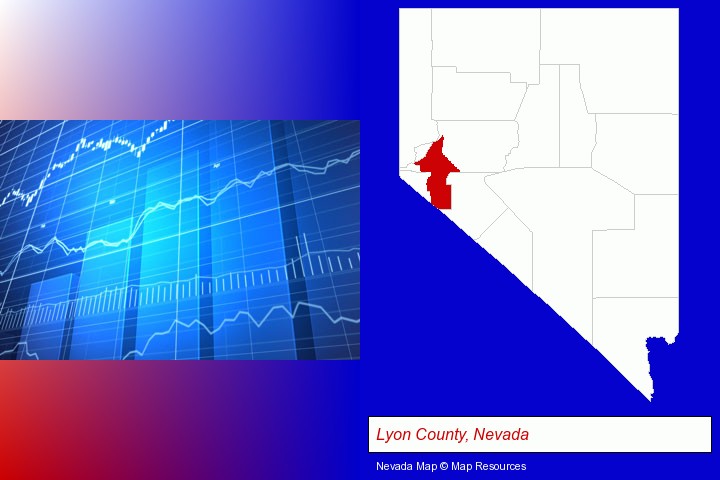 a financial chart; Lyon County, Nevada highlighted in red on a map