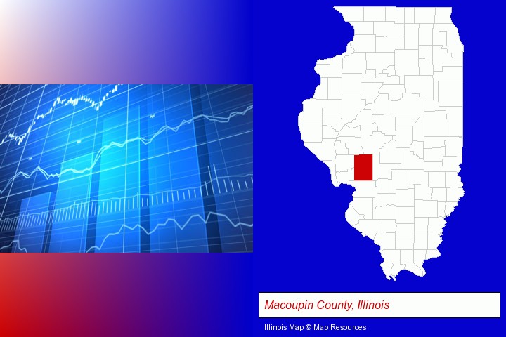 a financial chart; Macoupin County, Illinois highlighted in red on a map