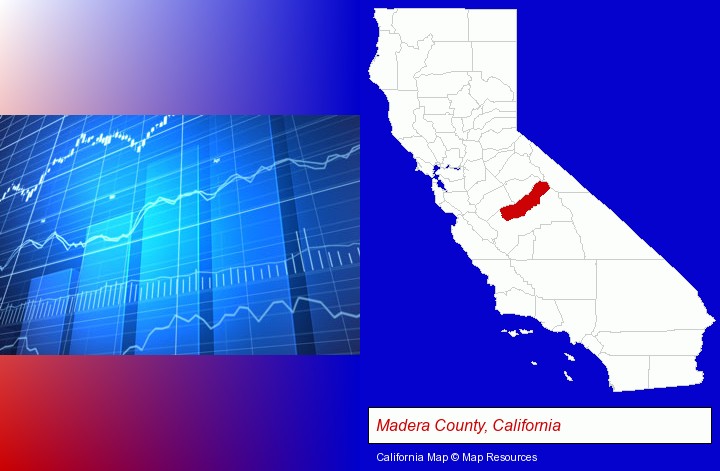 a financial chart; Madera County, California highlighted in red on a map