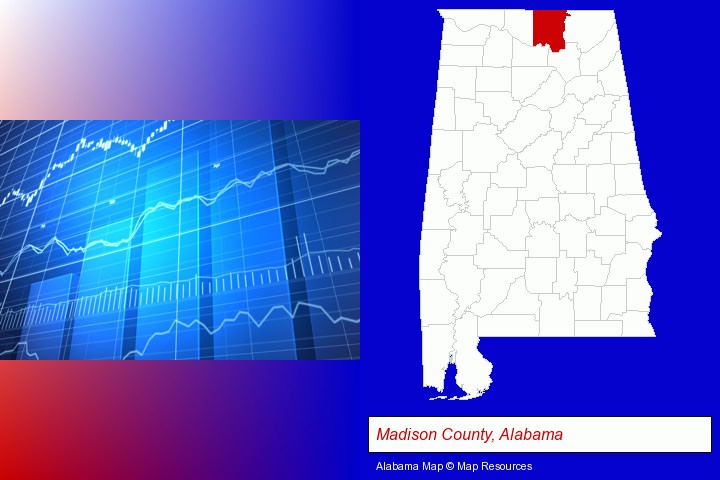 a financial chart; Madison County, Alabama highlighted in red on a map