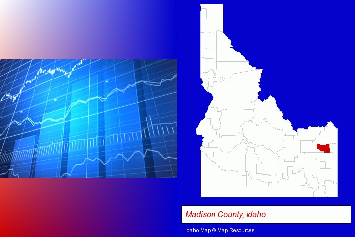 a financial chart; Madison County, Idaho highlighted in red on a map