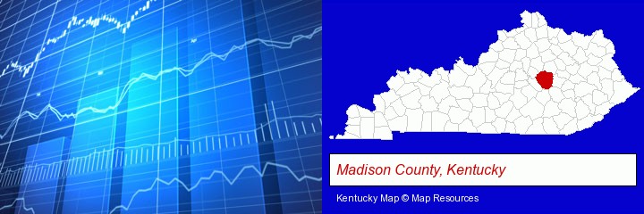 a financial chart; Madison County, Kentucky highlighted in red on a map