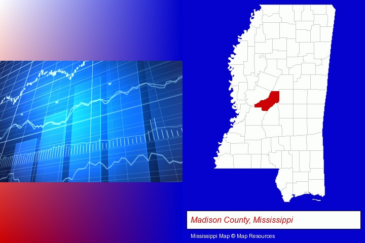 a financial chart; Madison County, Mississippi highlighted in red on a map