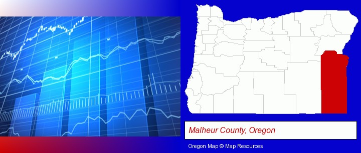 a financial chart; Malheur County, Oregon highlighted in red on a map