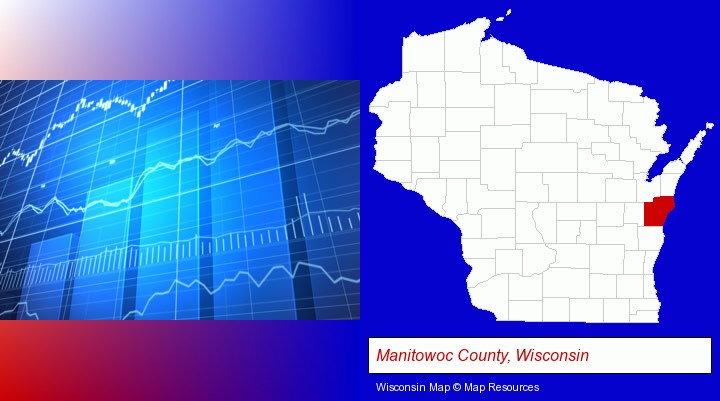 a financial chart; Manitowoc County, Wisconsin highlighted in red on a map