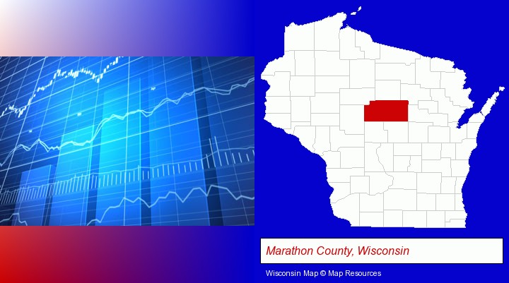 a financial chart; Marathon County, Wisconsin highlighted in red on a map