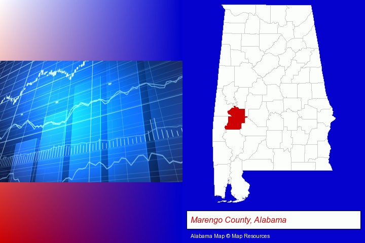 a financial chart; Marengo County, Alabama highlighted in red on a map
