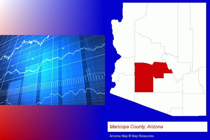 a financial chart; Maricopa County, Arizona highlighted in red on a map