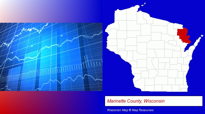 a financial chart; Marinette County, Wisconsin highlighted in red on a map