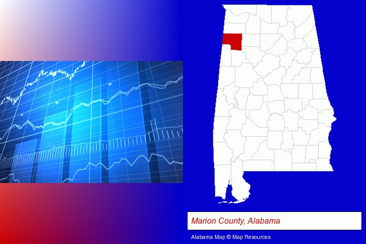 a financial chart; Marion County, Alabama highlighted in red on a map