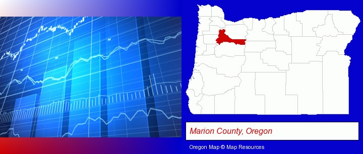 a financial chart; Marion County, Oregon highlighted in red on a map