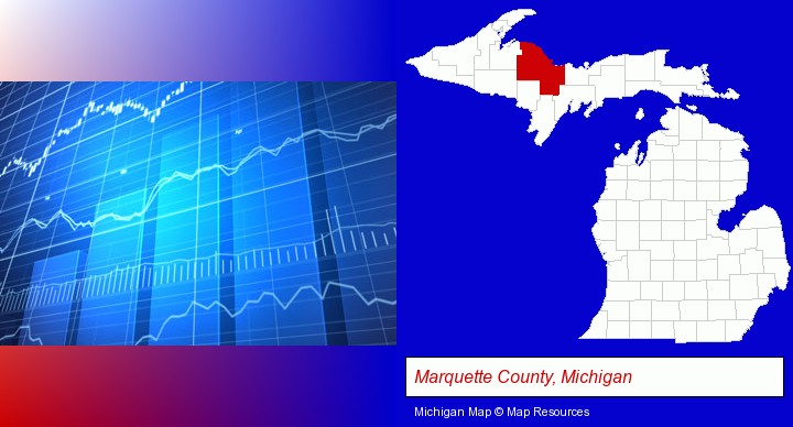 a financial chart; Marquette County, Michigan highlighted in red on a map