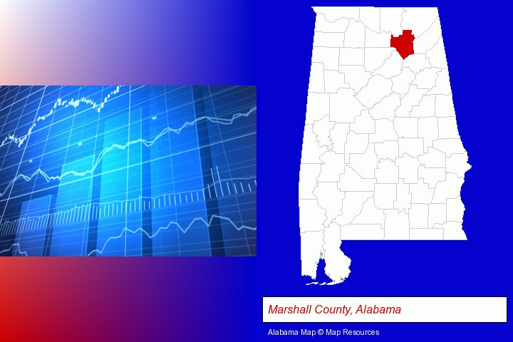 a financial chart; Marshall County, Alabama highlighted in red on a map