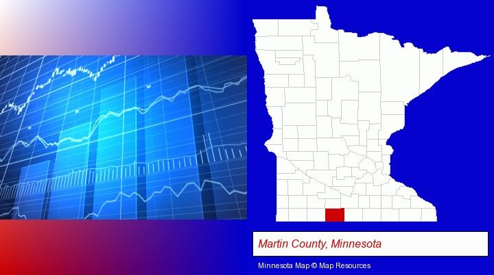 a financial chart; Martin County, Minnesota highlighted in red on a map
