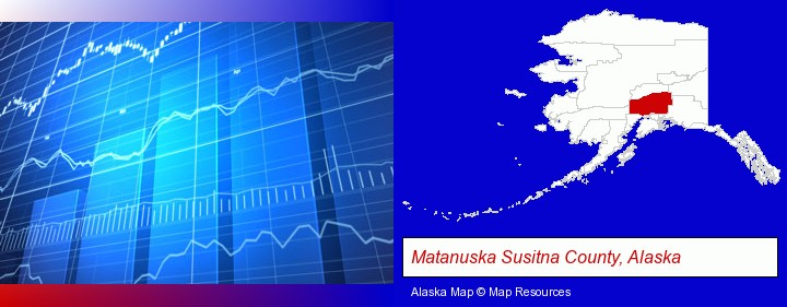 a financial chart; Matanuska Susitna County, Alaska highlighted in red on a map