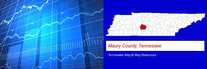 a financial chart; Maury County, Tennessee highlighted in red on a map