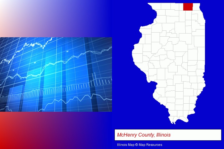 a financial chart; McHenry County, Illinois highlighted in red on a map