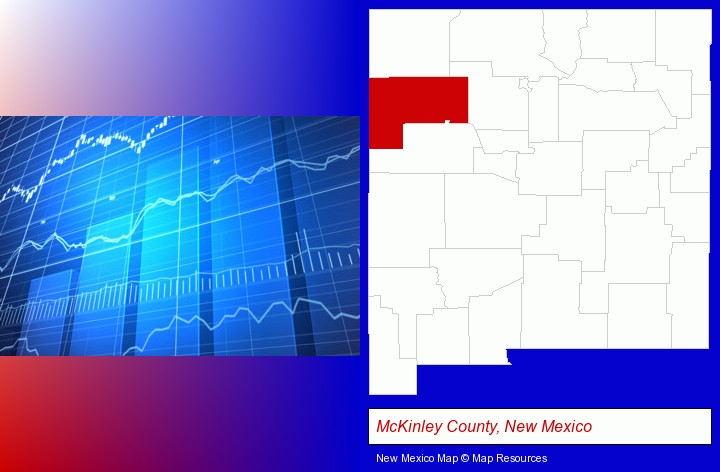 a financial chart; McKinley County, New Mexico highlighted in red on a map