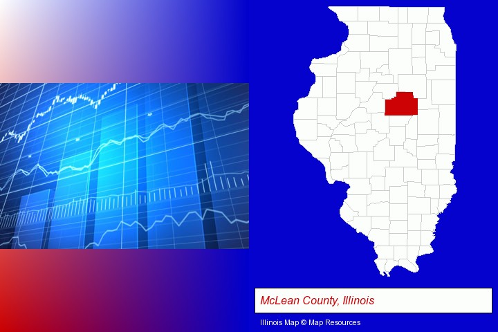 a financial chart; McLean County, Illinois highlighted in red on a map