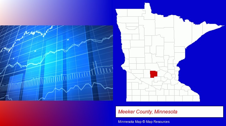 a financial chart; Meeker County, Minnesota highlighted in red on a map