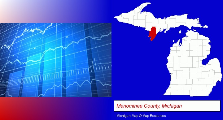 a financial chart; Menominee County, Michigan highlighted in red on a map