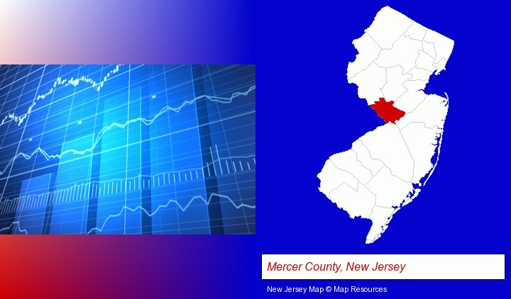 a financial chart; Mercer County, New Jersey highlighted in red on a map