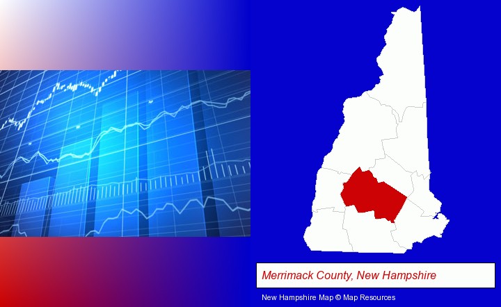 a financial chart; Merrimack County, New Hampshire highlighted in red on a map