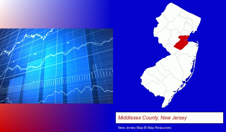 a financial chart; Middlesex County, New Jersey highlighted in red on a map