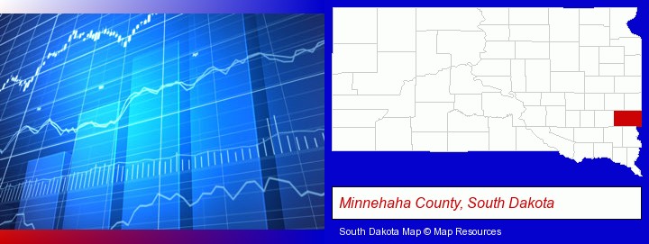 a financial chart; Minnehaha County, South Dakota highlighted in red on a map