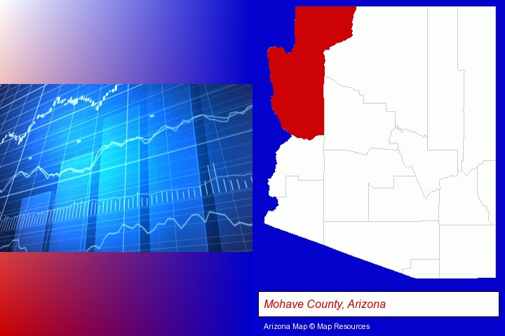 a financial chart; Mohave County, Arizona highlighted in red on a map