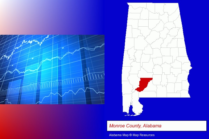 a financial chart; Monroe County, Alabama highlighted in red on a map