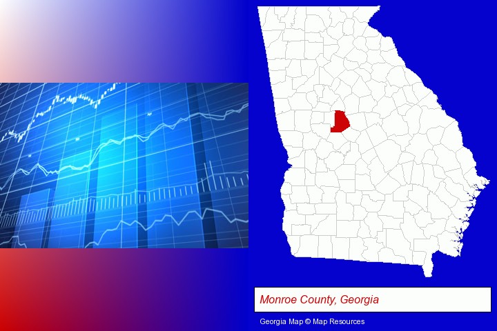 a financial chart; Monroe County, Georgia highlighted in red on a map