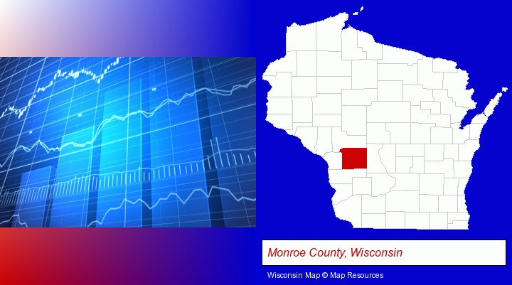 a financial chart; Monroe County, Wisconsin highlighted in red on a map
