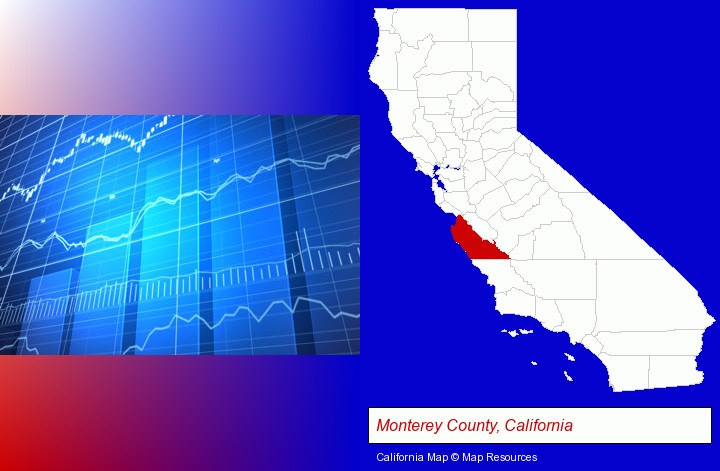 a financial chart; Monterey County, California highlighted in red on a map
