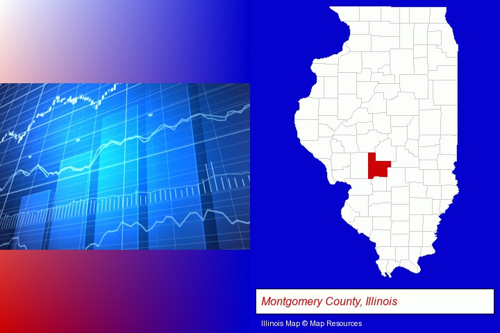 a financial chart; Montgomery County, Illinois highlighted in red on a map