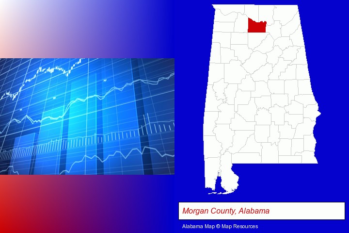 a financial chart; Morgan County, Alabama highlighted in red on a map
