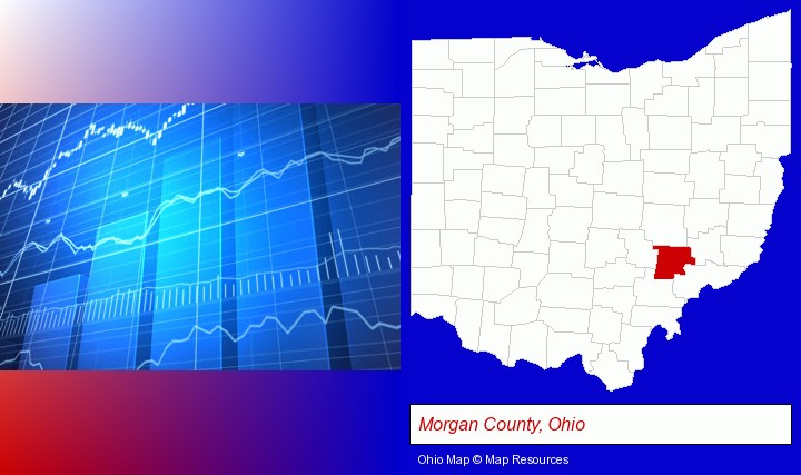 a financial chart; Morgan County, Ohio highlighted in red on a map