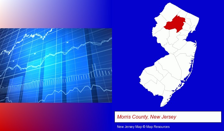 a financial chart; Morris County, New Jersey highlighted in red on a map