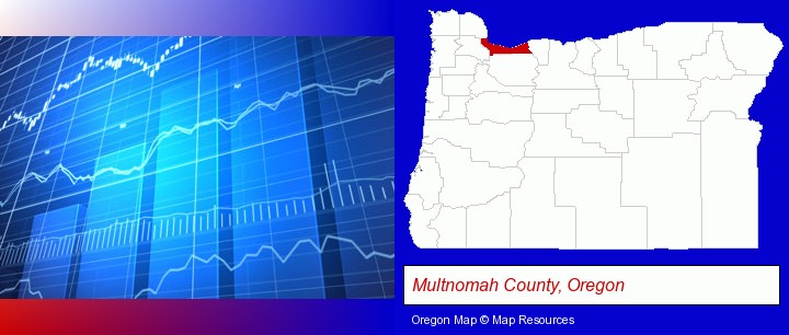 a financial chart; Multnomah County, Oregon highlighted in red on a map