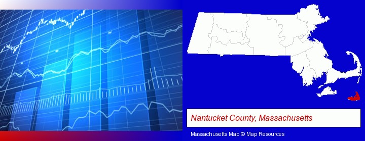 a financial chart; Nantucket County, Massachusetts highlighted in red on a map