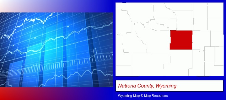 a financial chart; Natrona County, Wyoming highlighted in red on a map